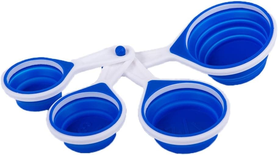 Collapsible Silicone Measuring Cups Set, Modern Blue & White Design, 1/4, 1/3, 1/2, and 1 Cup, Easy Storage, Dishwasher Safe