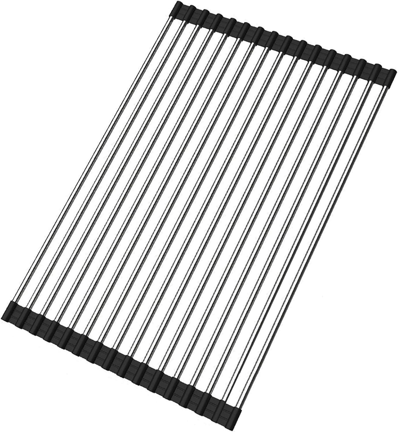 Ahyuan Roll up Dish Drying Rack Over The Sink, Kitchen Stainless Steel Portable Drainer Foldable Dish Rack, Black, 17.8"x11.8"