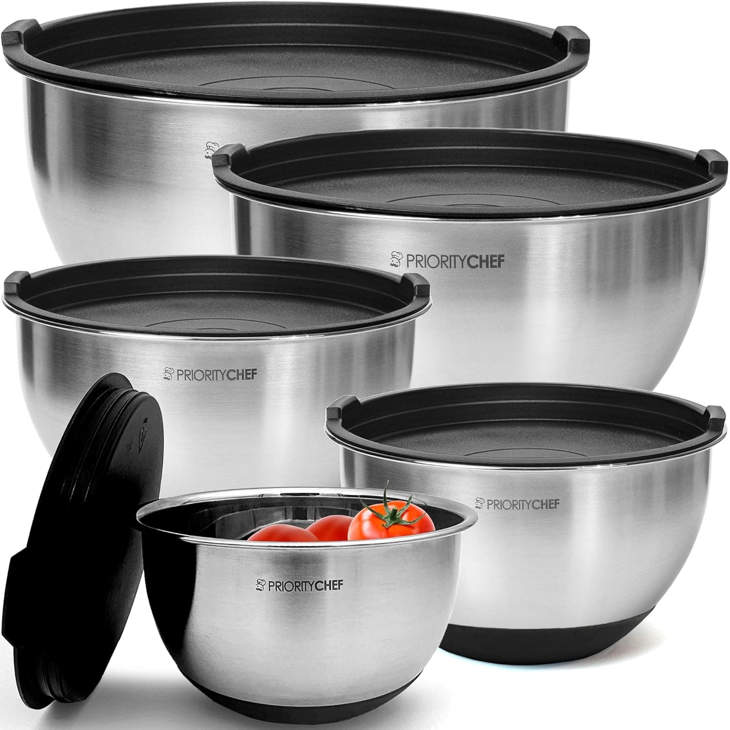 Priority Chef Premium Mixing Bowls With Lids Set, 5 Nesting Steel Bowls, Non-Slip Base