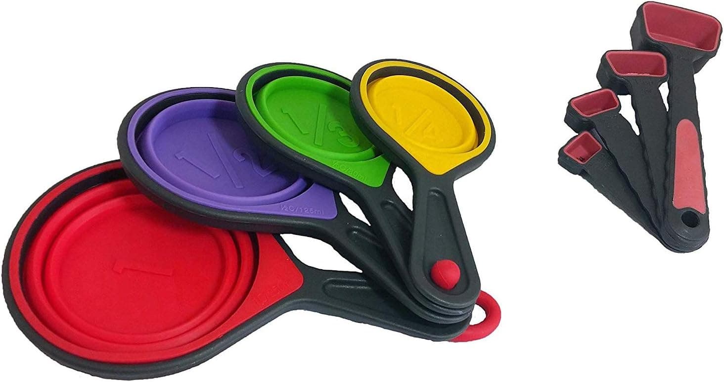 KookNook Collapsible Silicone Measuring Cups & Red Measuring Spoons Set, Accurate Engraved Metric/US Markings, 8 Piece Set
