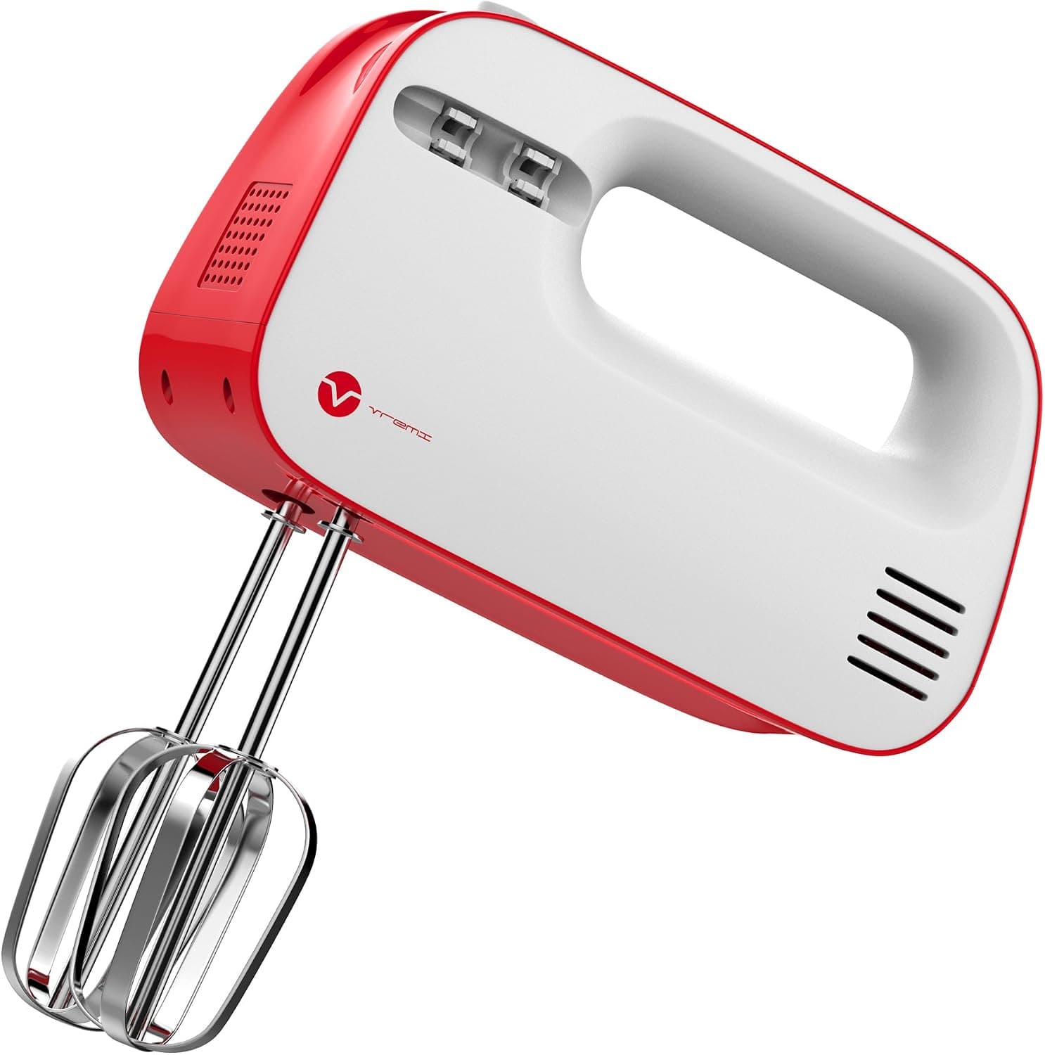 Vremi Electric Hand Mixer 3 Speed with Built-in Storage Case, 150 Watt, Stainless Steel Beaters, Red White