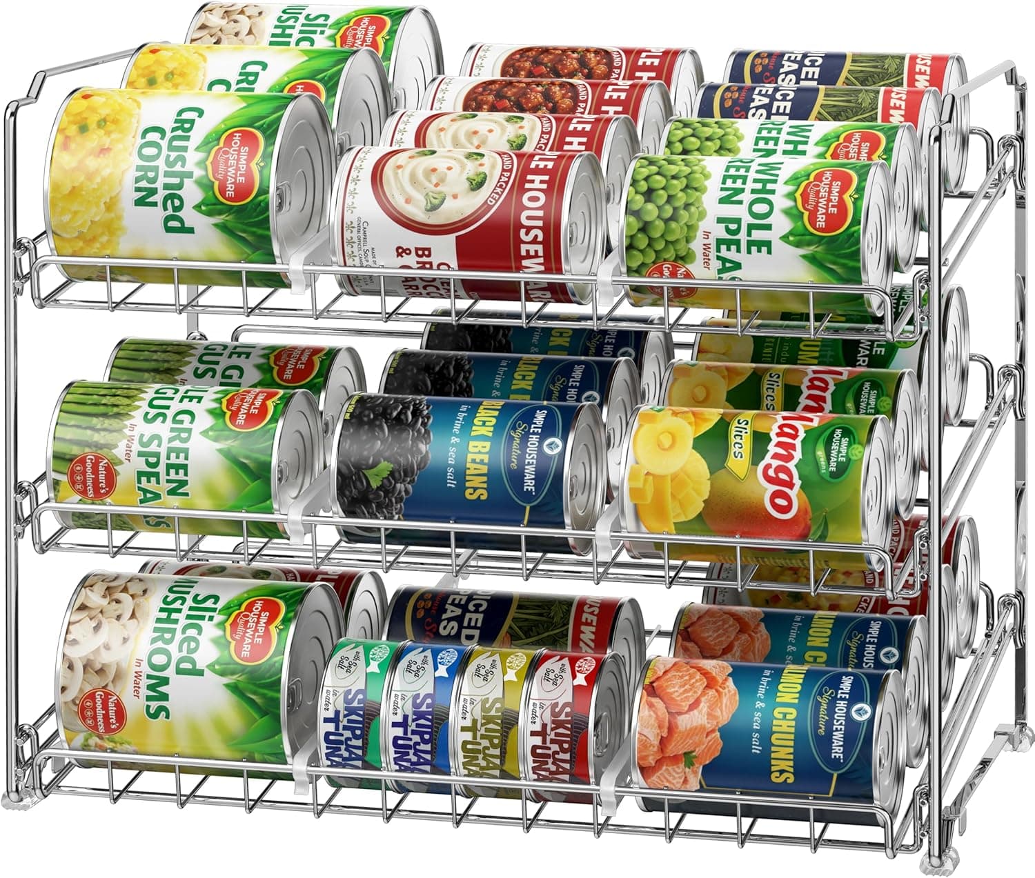 Simple Houseware Stackable Can Organizer Rack for Pantry/Cabinet, Holds 36 Cans, 3-Tier Can Food Storage Dispenser, Chrome