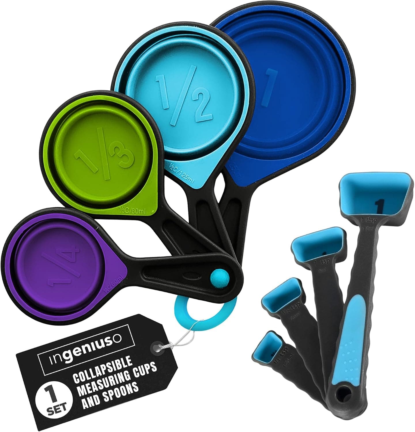 Collapsible Measuring Cups and Measuring Spoons, Portable Food Grade Silicone Measurement Cup Set for Liquid & Dry Food