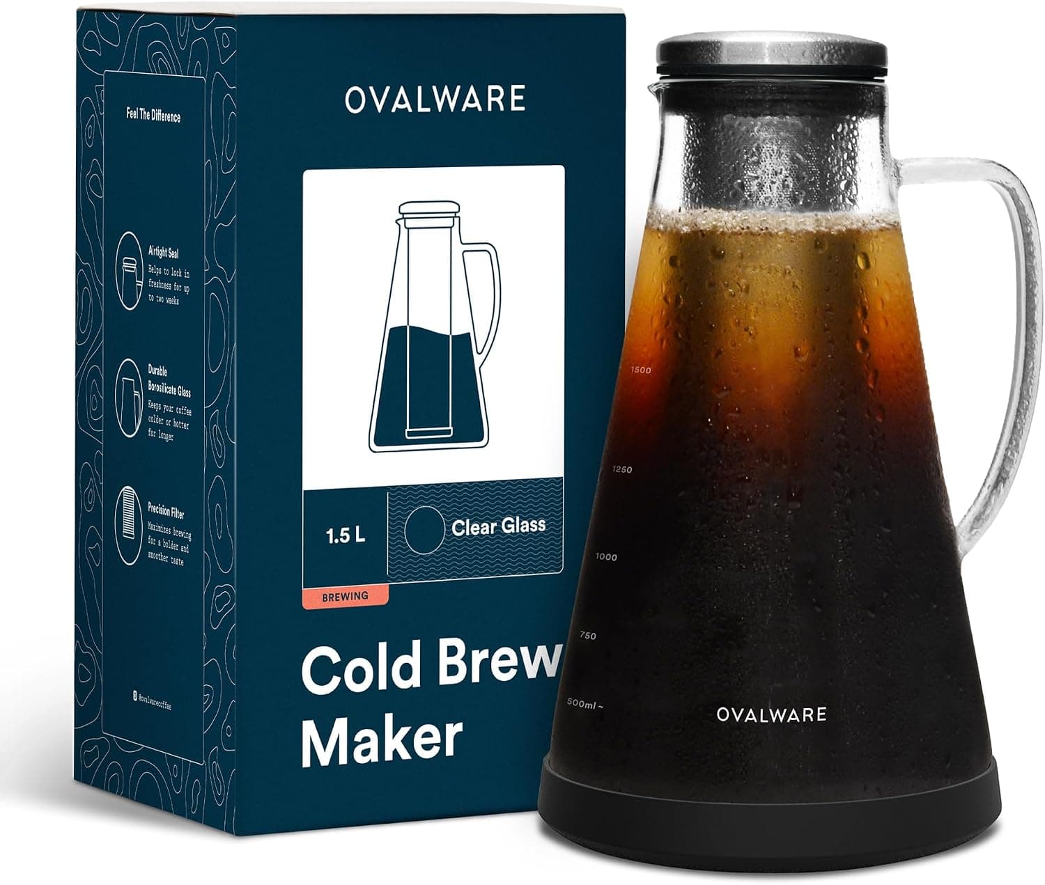 OVALWARE Airtight Cold Brew Iced Coffee Maker Pitcher with Spout, 1.5L/51oz
