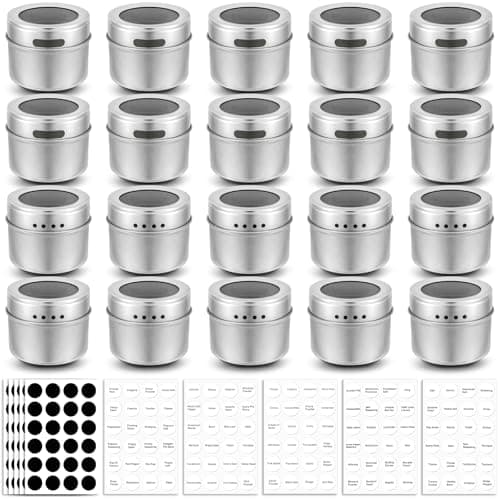 Bekith 20 Pack Magnetic Spice Jars, Magnetic Spice Containers for Refrigerator, Seasoning Tins with Clear Top Lid, 240 PVC Spice Label Set