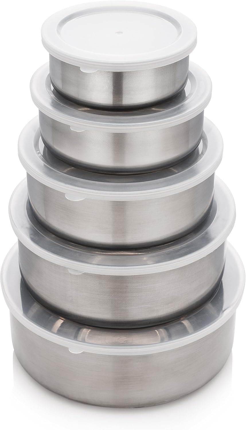JUWA PREMIUM Nesting Stainless Steel Food Containers, Set of 5 Stackable Space-Saving Metal Storage with Clear Leak-Proof Plastic Lids