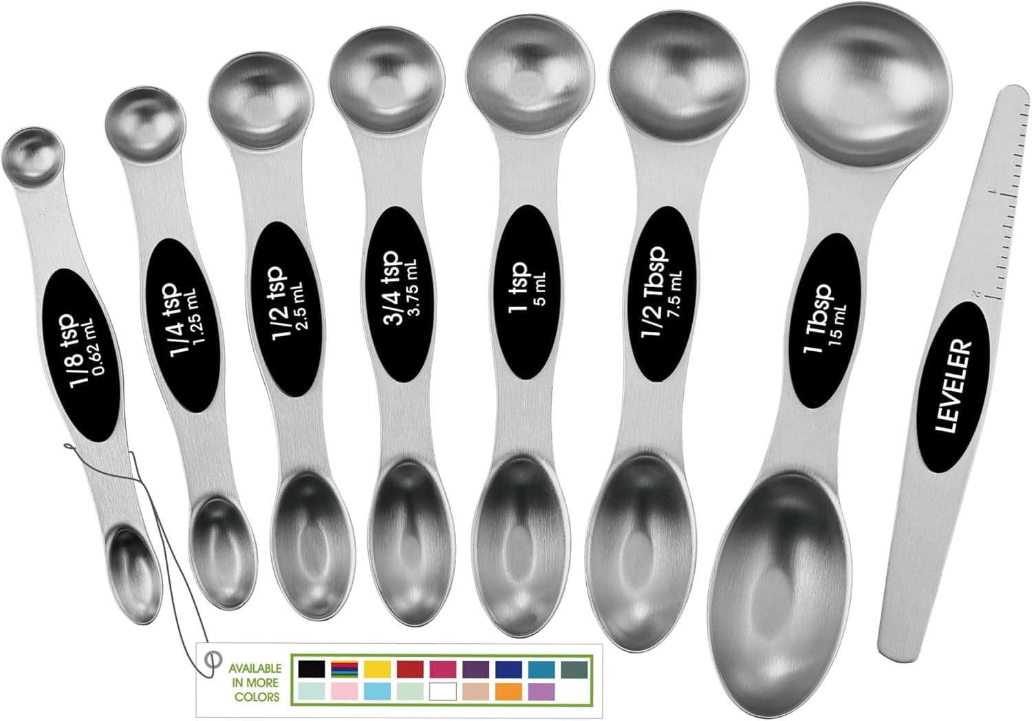 Spring Chef Stainless Steel Magnetic Measuring Spoons Set of 8, Black, Dual Sided with Leveler