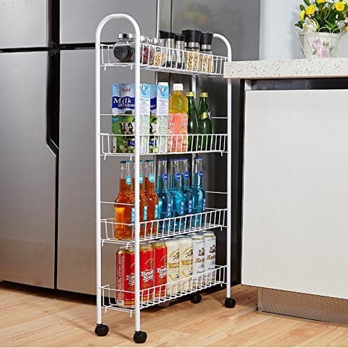 Shozafia 4-Tier Narrow Gap Rolling Cart, Slim Kitchen Trolley Tower, White