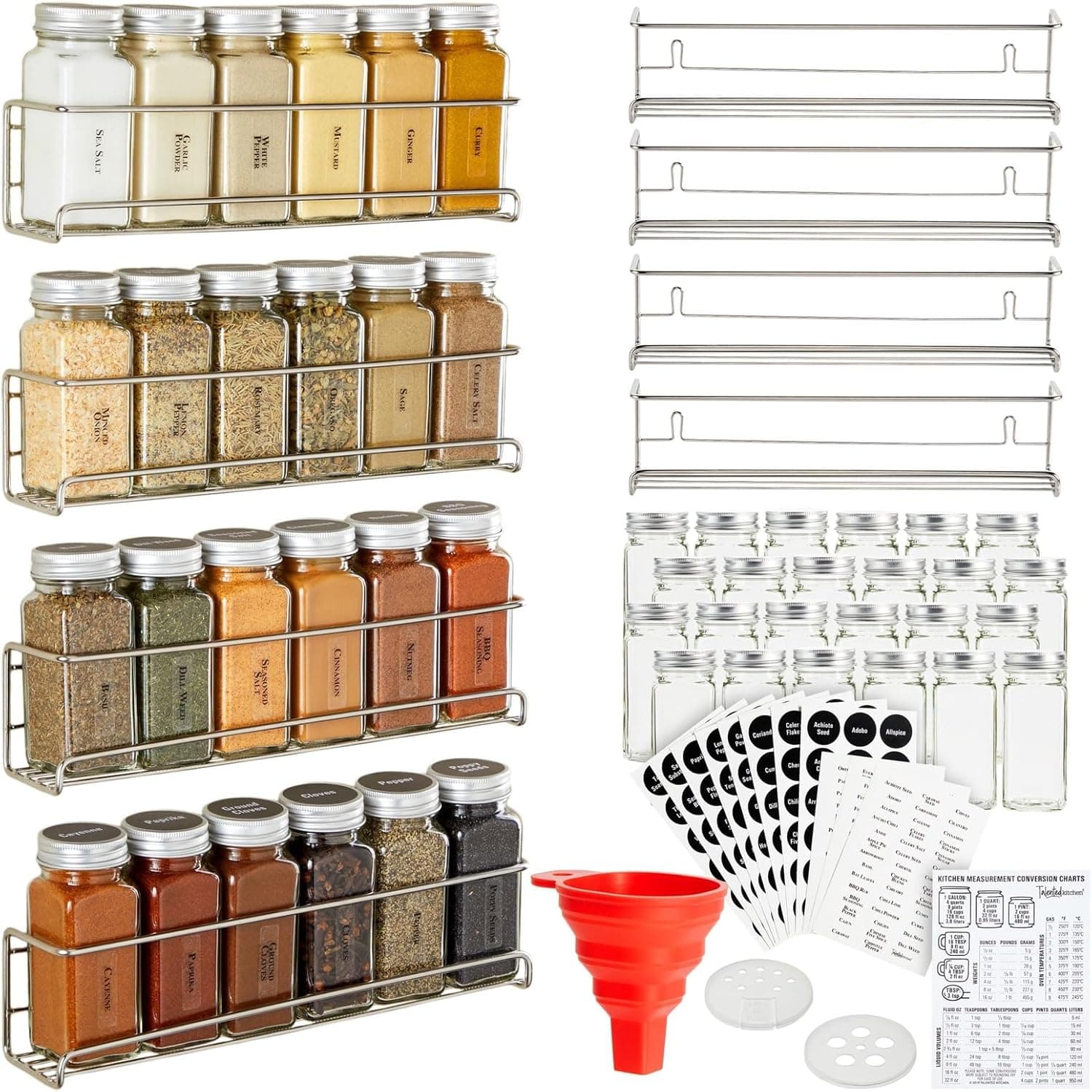 Talented Kitchen Spice Rack Organizer, 4 Stainless Steel Wall-Mounted Racks, 24 Jars & 269 Labe