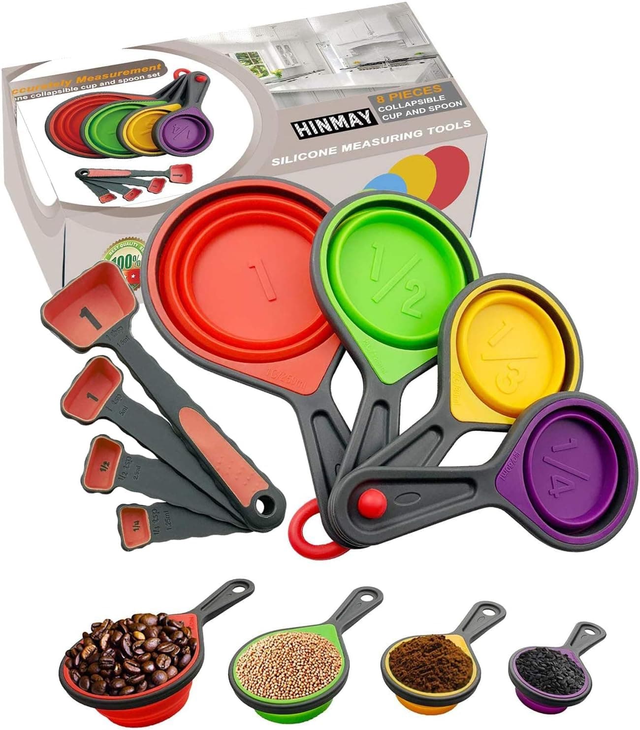 HINMAY Collapsible Silicone Measuring Cups and Spoons Set, 8-Piece Measuring Tool