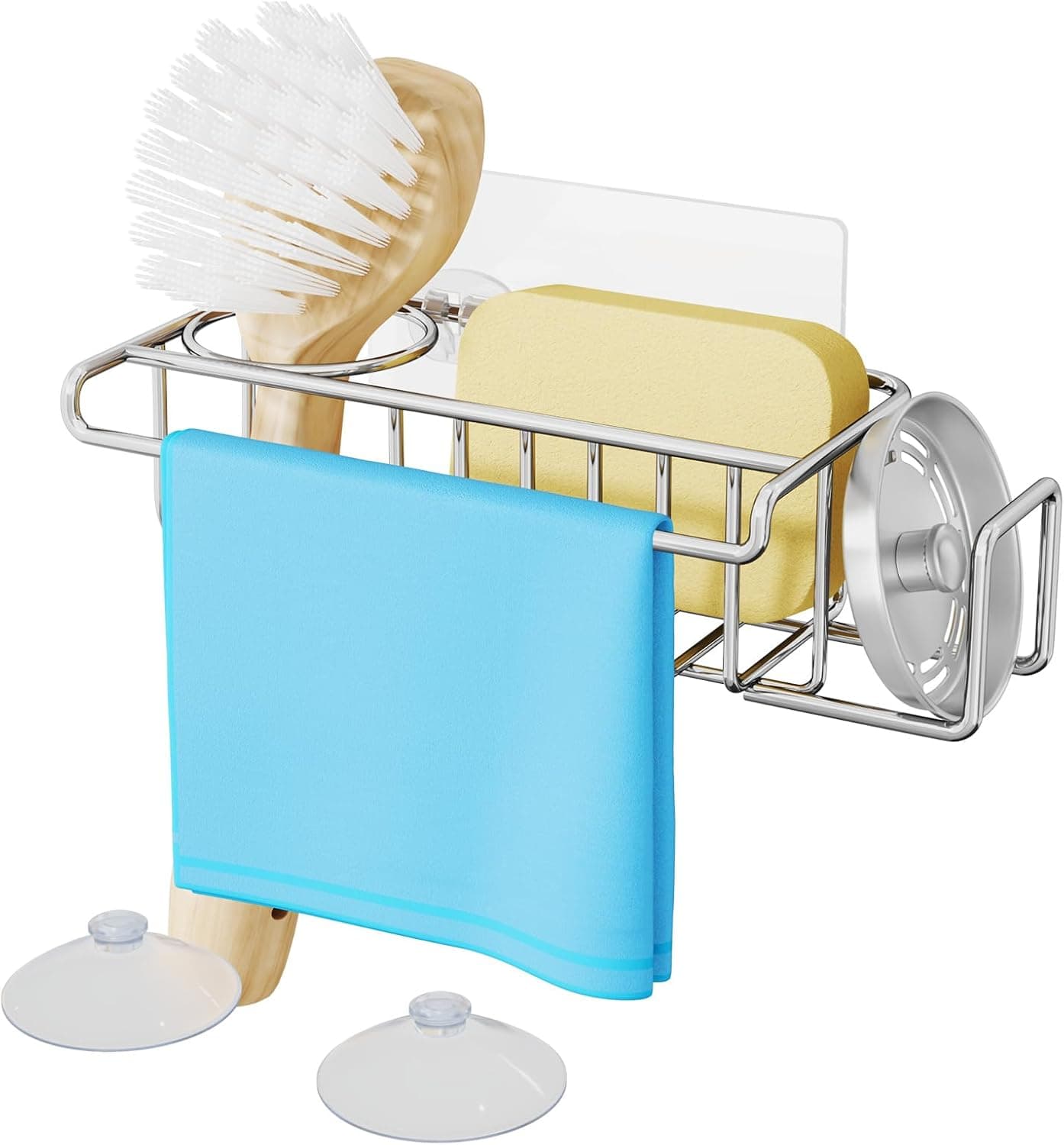 HapiRm 4 in 1 Sink Caddy Sponge Holder, SUS304 Stainless Steel Kitchen Brush Holder and Dish Cloth Hanger, Silver