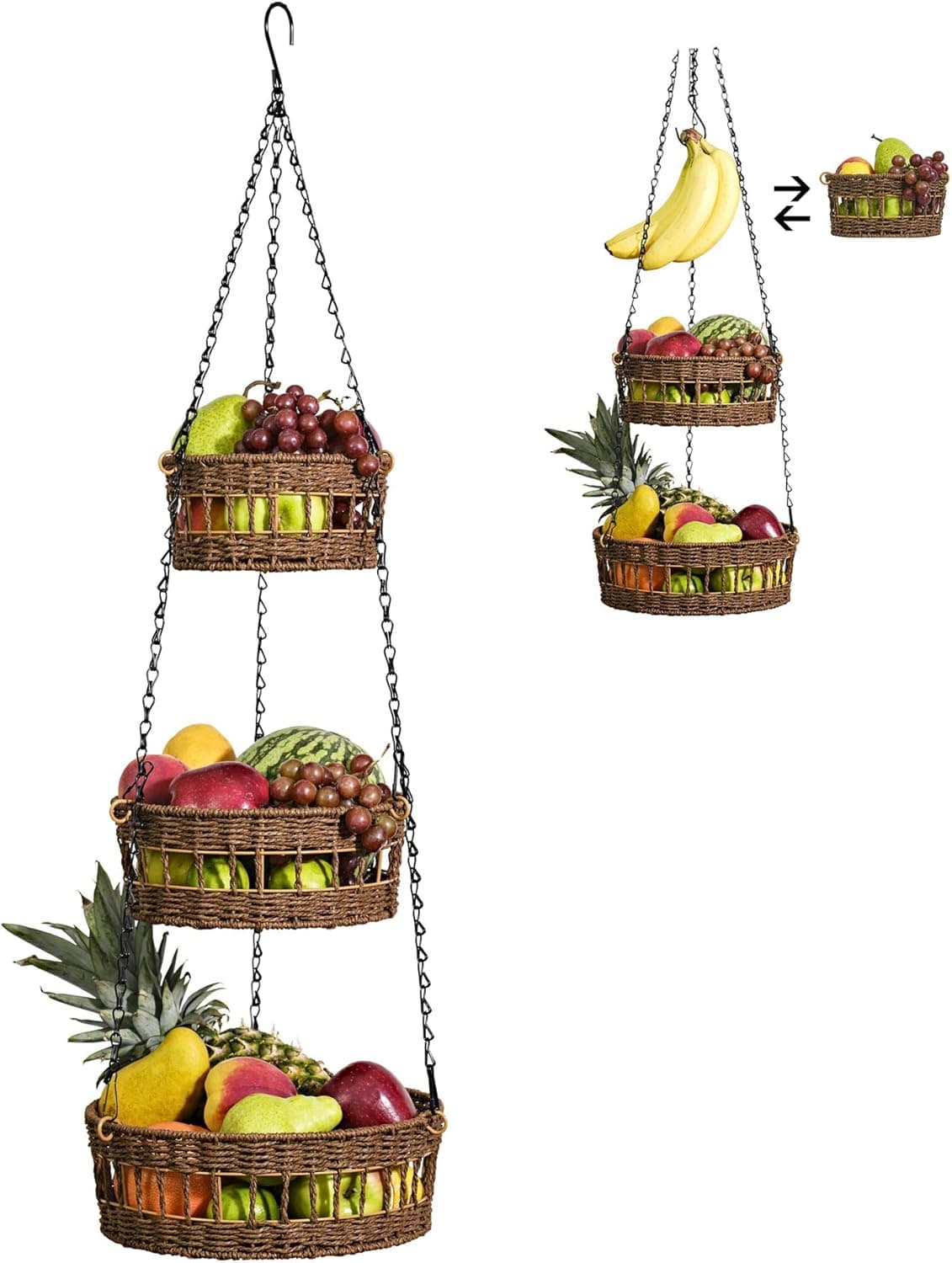 Hanging Fruit Basket 3 Tier, Wicker Vegetable Storage with Banana Holder, Brown