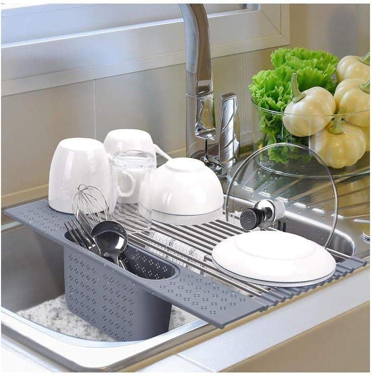 T.R. Stainless Steel Roll-Up Dish Drying Rack Over The Sink, 20" x 11", Foldable, Dishware & Utensil Holder