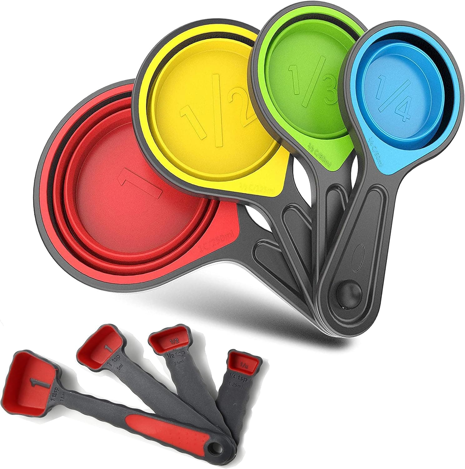 Collapsible Silicone Soft Measuring Cups and Measuring Spoons, 8 Pieces Portable Food Grade Silicone Measurement Cup for Liquid & Dry