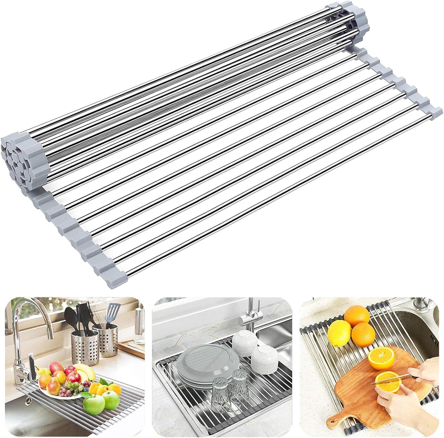 Searik Over the Sink Dish Drying Rack, Roll up Sink Dish Drainer Rack, Foldable Kitchen Stainless Steel Dish Rack, 17.7" x 11.8"