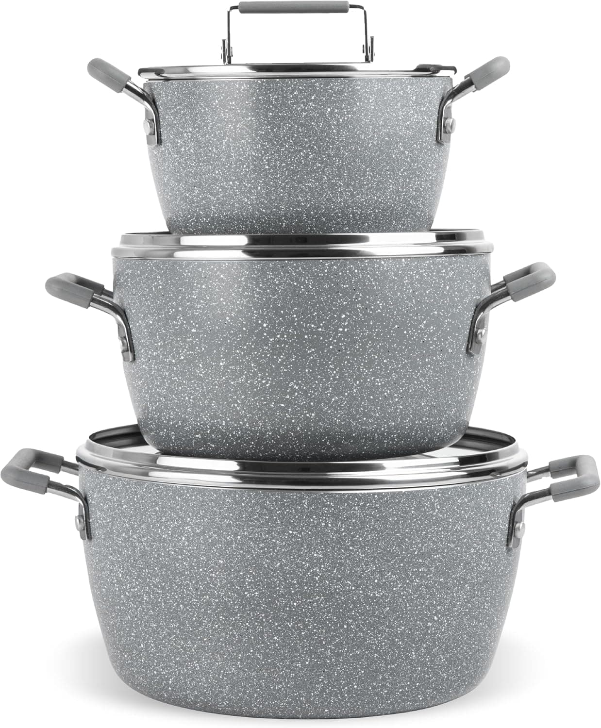 Granitestone Gray Pots and Pans Set Nonstick, 6 Stackable Piece Cooking Pots with Lids