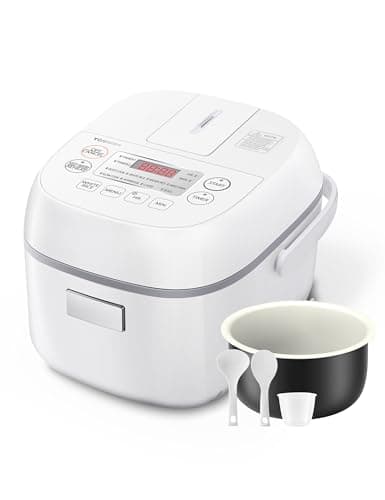 Toshiba Mini Rice Cooker, 3 Cups Uncooked, for 1-3 People, Steamer and Warmer, Fuzzy Logic, One-Touch Cooking, 24-Hour Delay Timer, Auto Keep Warm, White
