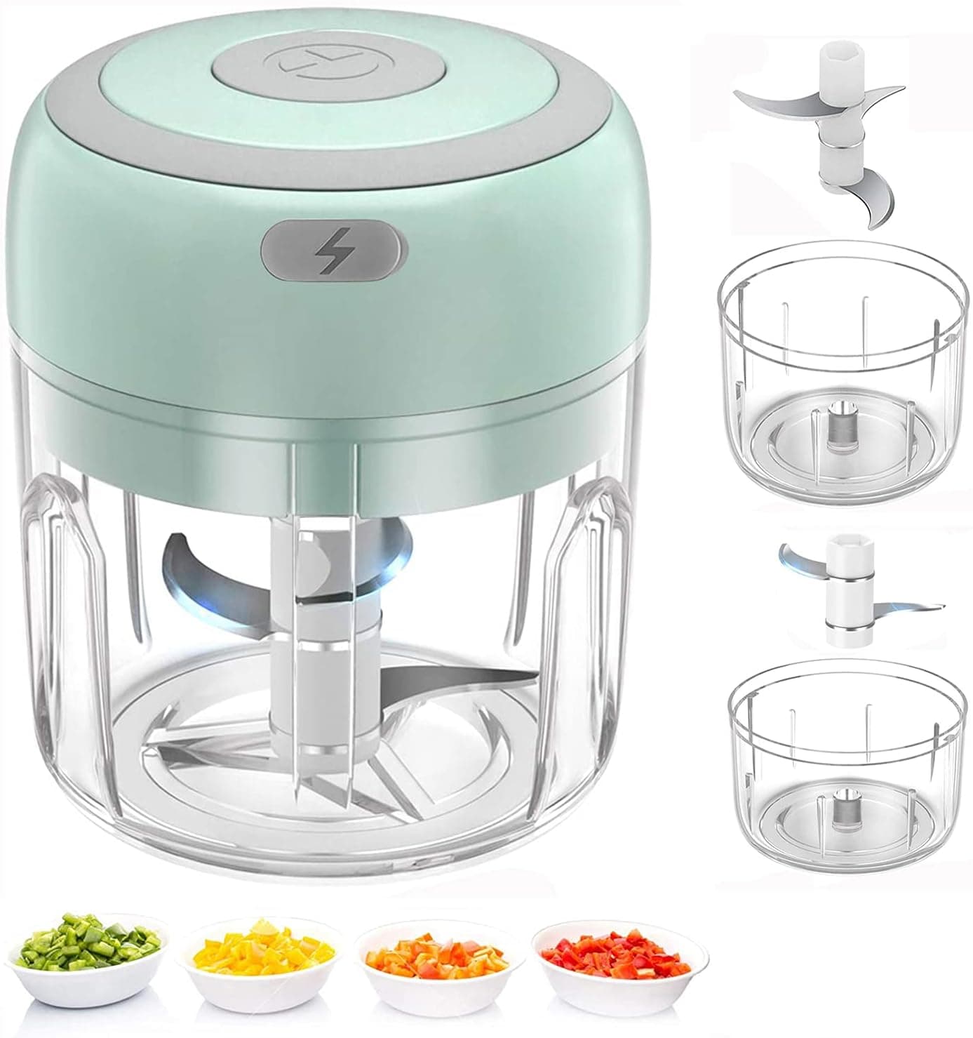 BLUECOW Electric Mini Food Chopper, Rechargeable Small Food Processor for Garlic, Onion, Herb (250ml+100ml 2 cups, Green)