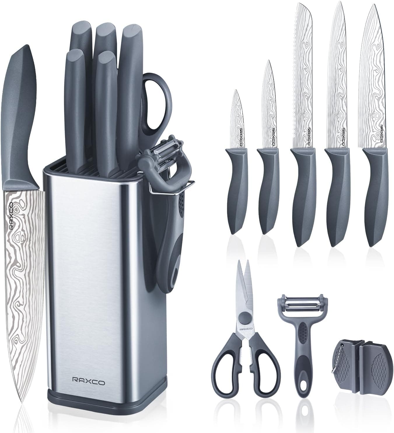 RAXCO 10-Piece Kitchen Knife Set with Stainless Steel Holder, Compact Design