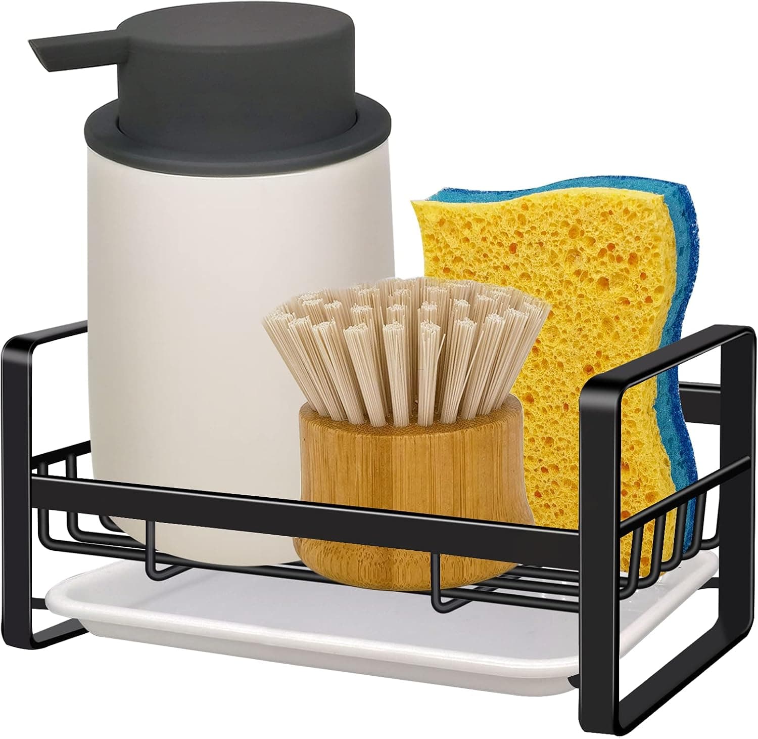 VANTEN Kitchen Sink Caddy Sponge Holder Organizer, Sink Tray Drainer Rack, Soap Dish Brush Holder, Countertop or Adhesive Wall Mount, Matte Black