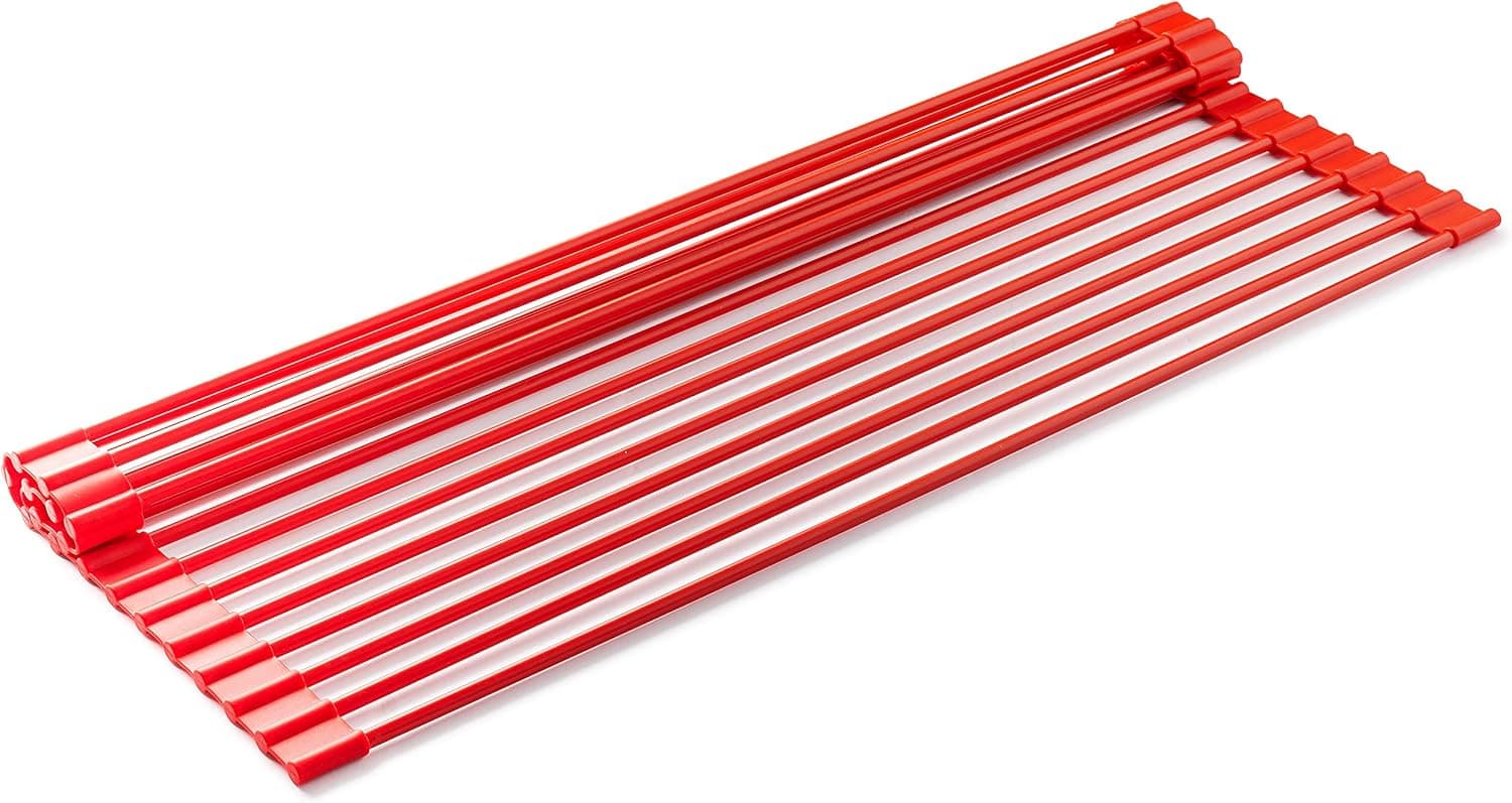 Bellemain Over The Sink Dish Drying Rack, Silicone & Stainless Steel Roll Up, Trivets for Hot Dishes, Red, Large