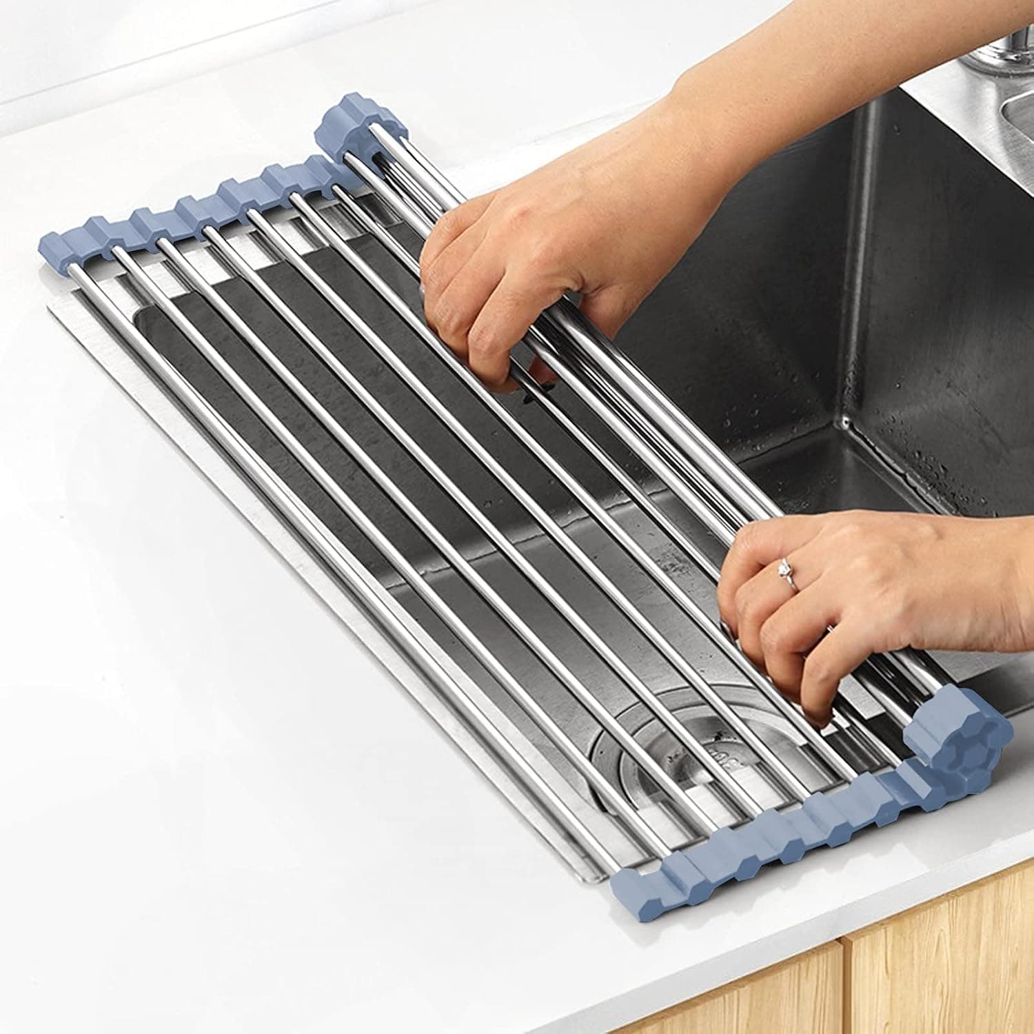 MECHEER Over The Sink Dish Drying Rack, Roll Up Kitchen Stainless Steel Sink Drying Rack, Foldable Dish Drainer, 17.5"x11.8"