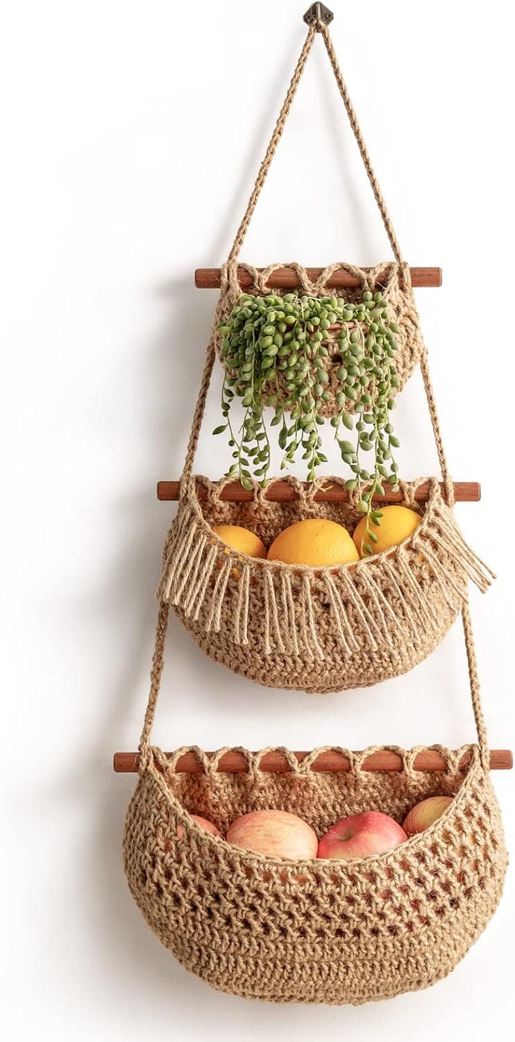 horpait Hanging Fruit Basket 3 Tier Handmade Woven Jute Wall Basket