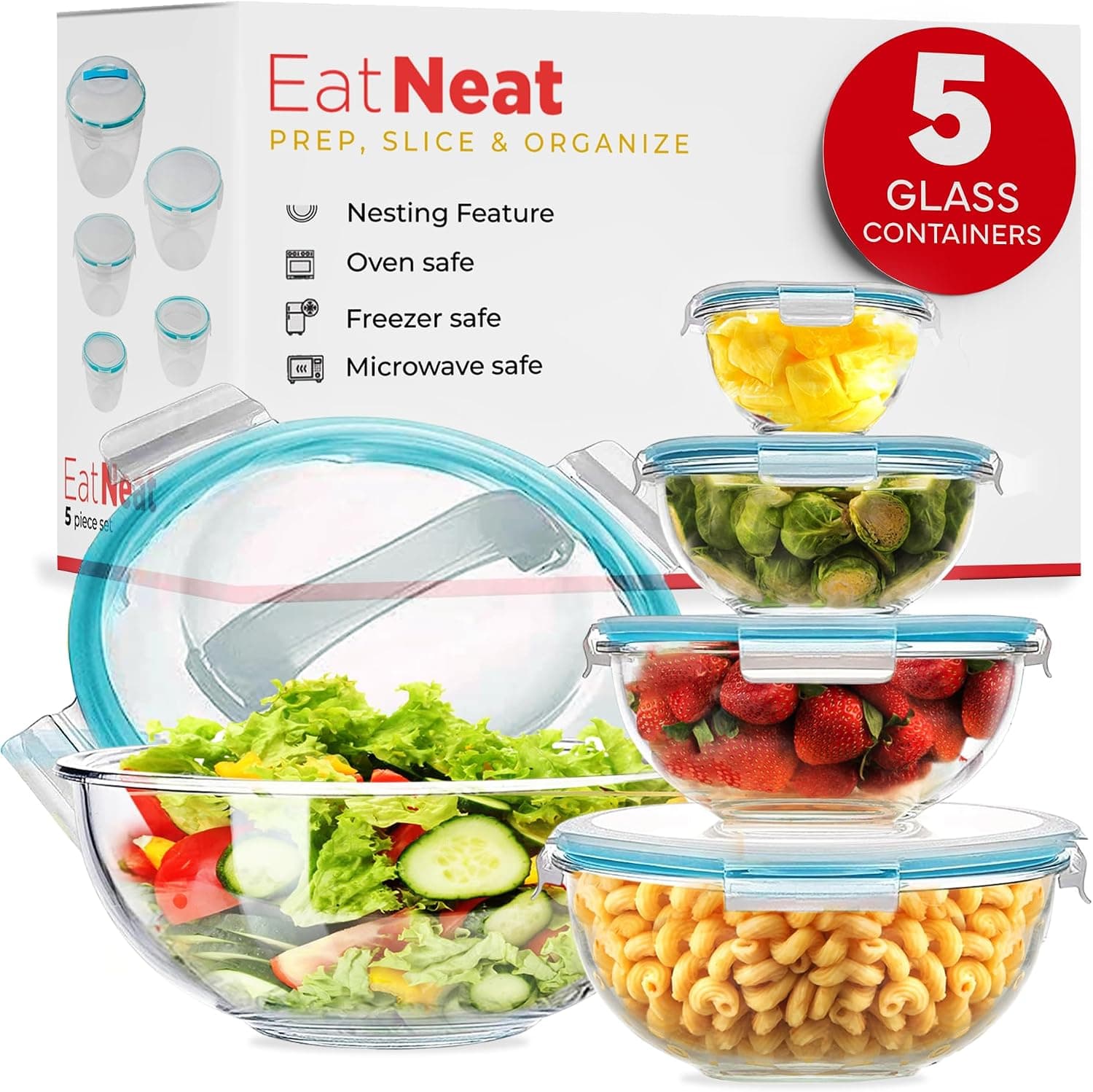 EatNeat 5-Piece Glass Food Storage Bowl Set with Locking Lids, Airtight, Nesting, Stackable Bowls