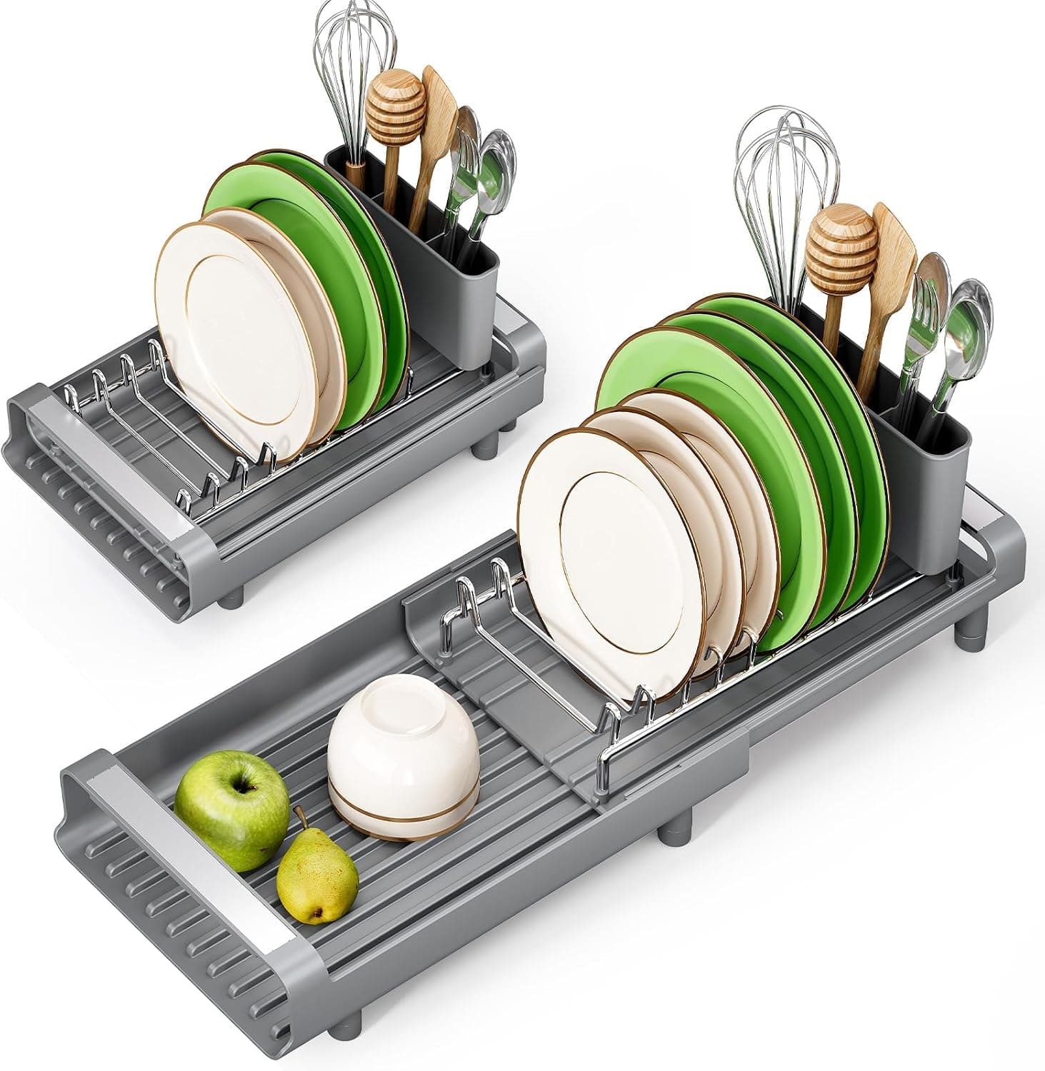 Small Dish Drying Rack, Mini Expandable Compact Dish Rack, Slim Extendable Stainless Steel Dish Drainer for Kitchen Plate Storage, Gray