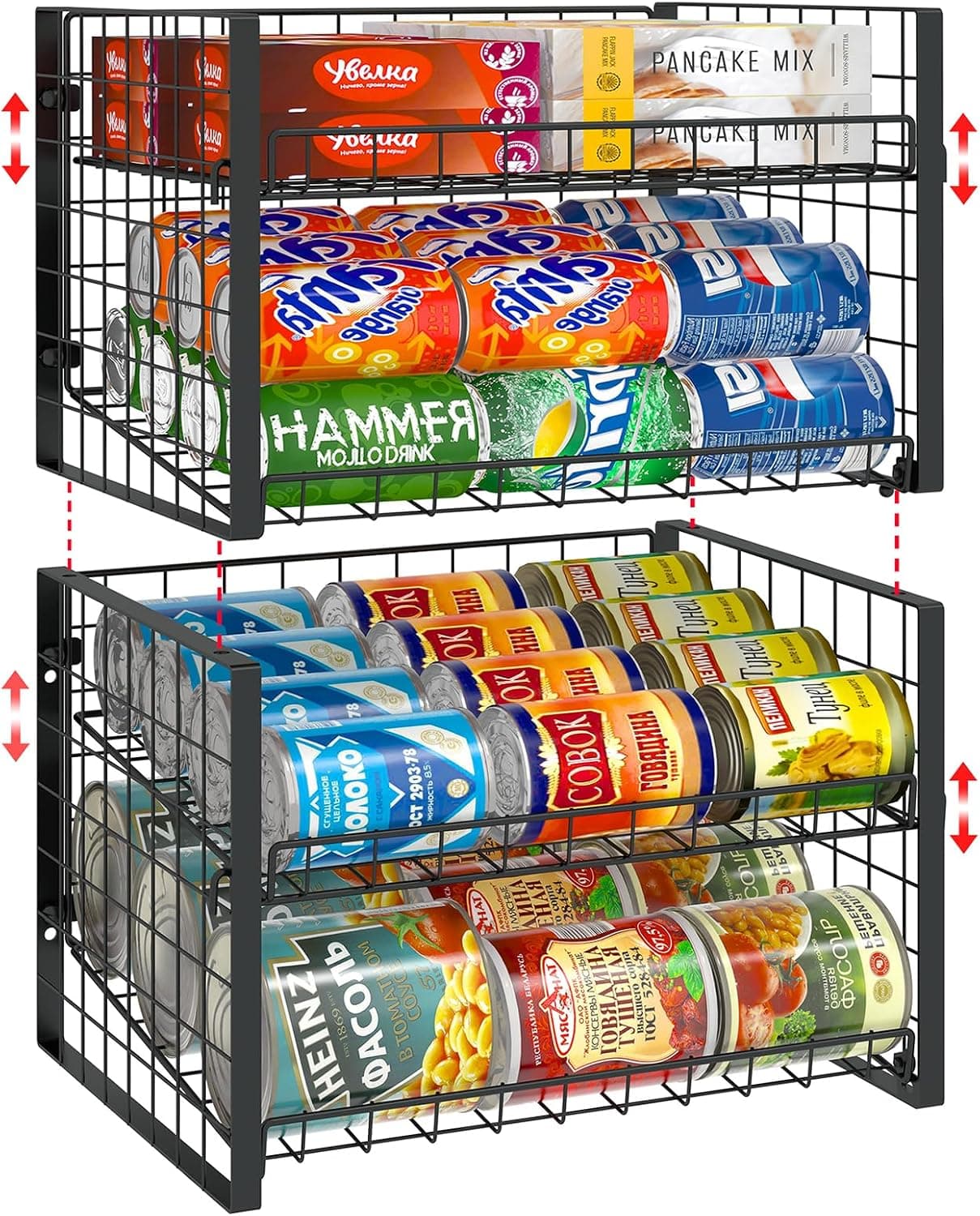 JKsmart 2-Tier Stackable Can Rack Organizer for Pantry, Adjustable Can Dispenser Holds Up to 60 Cans, Black, 2 Pack