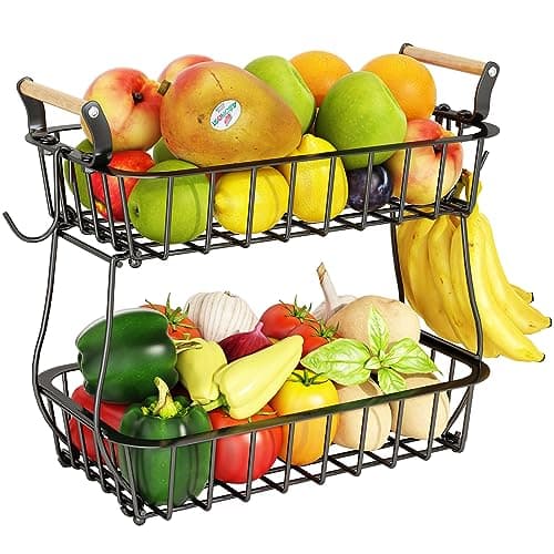 ANTOPY 2 Tier Fruit Basket with 2 Banana Hangers, Countertop Fruit Vegetable Basket Bowl for Kitchen Counter Metal Wire Fruits Storage Stand Holder Organizer for Bread Snack Veggies Produce