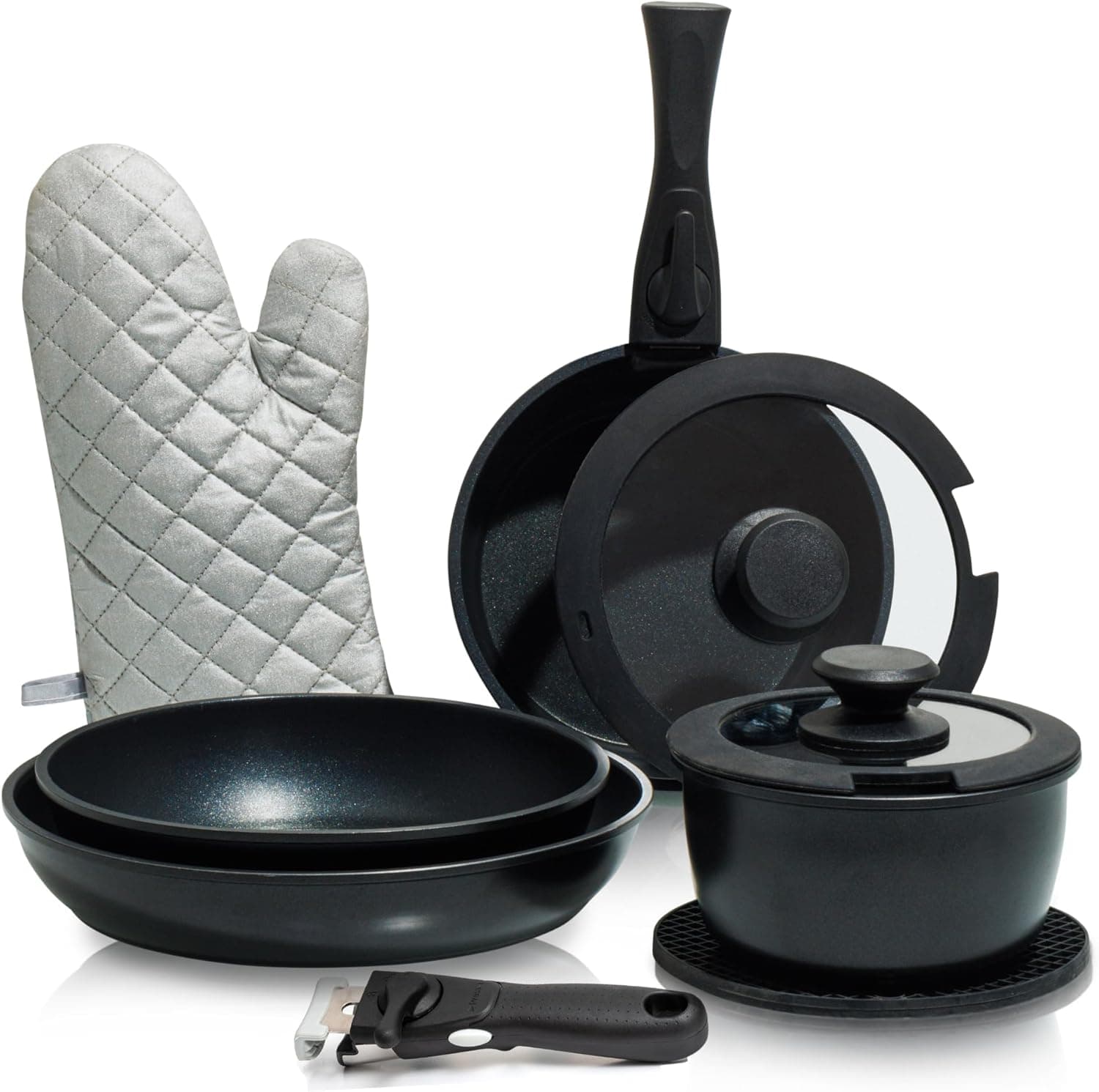 Moss & Stone 10pcs Nonstick Cookware with Removable Handles, Space Saving Pots and Pans, Stacka