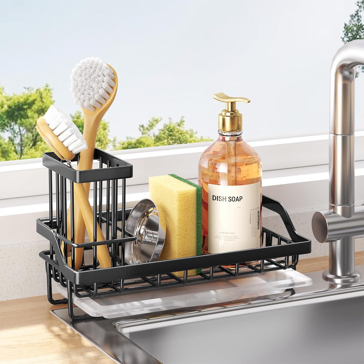 Consumest Sponge Holder for Kitchen Sink, Sink Caddy Organizer with Removable Drip Tray, 304 Stainless Steel, Black