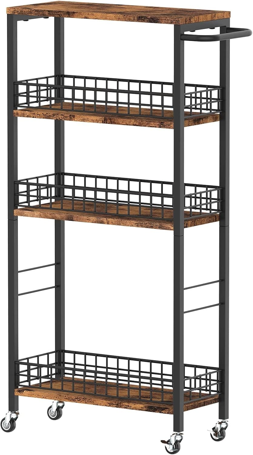 Slim Storage Cart 4 Tier Rolling Kitchen Cart with Wheels & Wood Tabletop, Brown