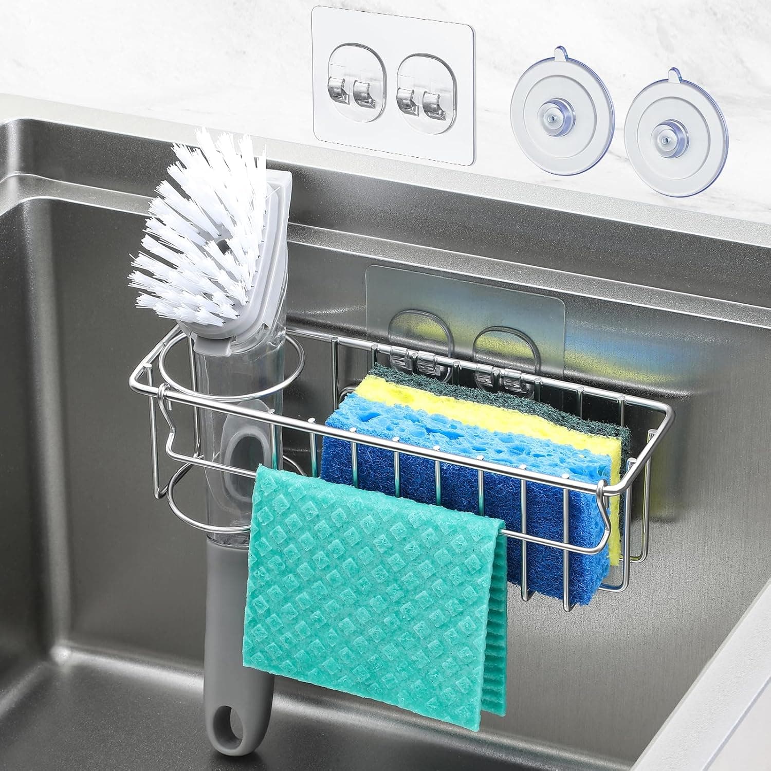 3-In-1 Sponge Holder for Kitchen Sink with Suction Cups & Adhesive Hook, In-sink Wall Hanging Sink Caddy Organizer Rack, 304 Stainless Steel
