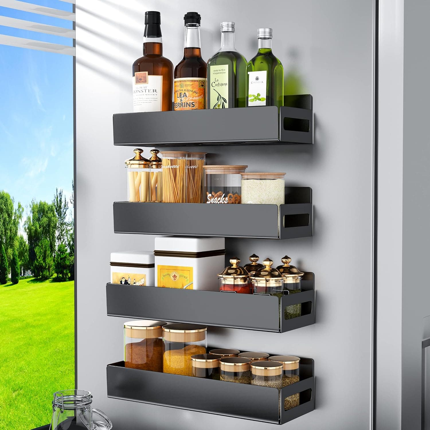 BIETCR Magnetic Spice Rack Organizer For Refrigerator, Magnetic Shelf For Refrigerator And Microwave Oven (4 Pack Black)