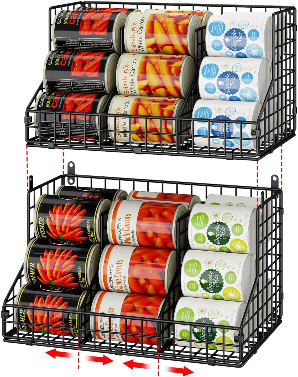 JKsmart 2 Pack Stackable Can Rack Organizer for Pantry Storage, Can Dispensers with 4 Adjustable Dividers, 2-Tier Metal Wire Basket, Black
