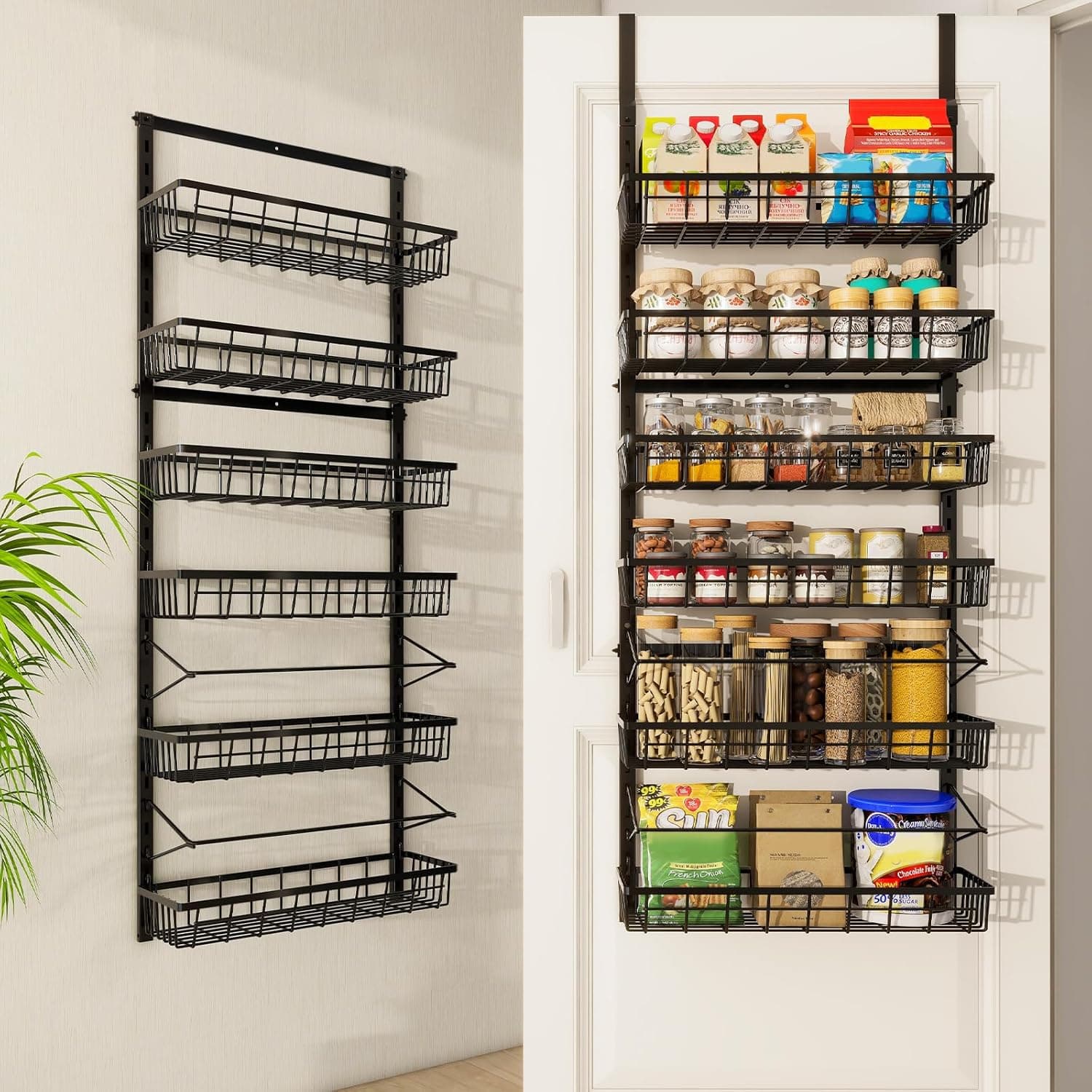 Mefirt Over The Door Pantry Organizer, 6-Tier Adjustable Hanging Baskets, Black