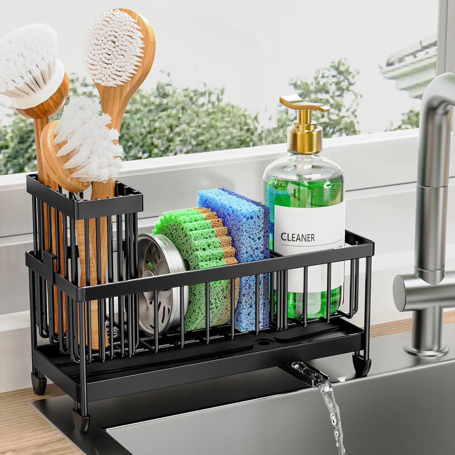 Cisily Sponge Holder for Kitchen Sink, Sink Caddy Organizer with High Brush Holder, Rustproof 304 Stainless Steel, Black, 9.25"