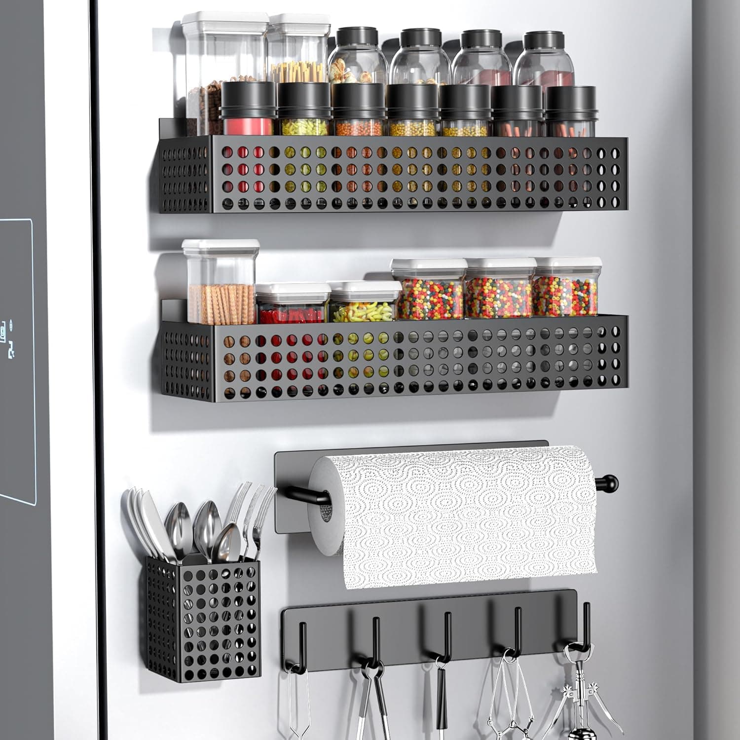 Toosci Magnetic Spice Rack for Refrigerator 2 Tiers and Paper Towel Holder and Utensil Holder, Magnetic Refrigerator Organizer