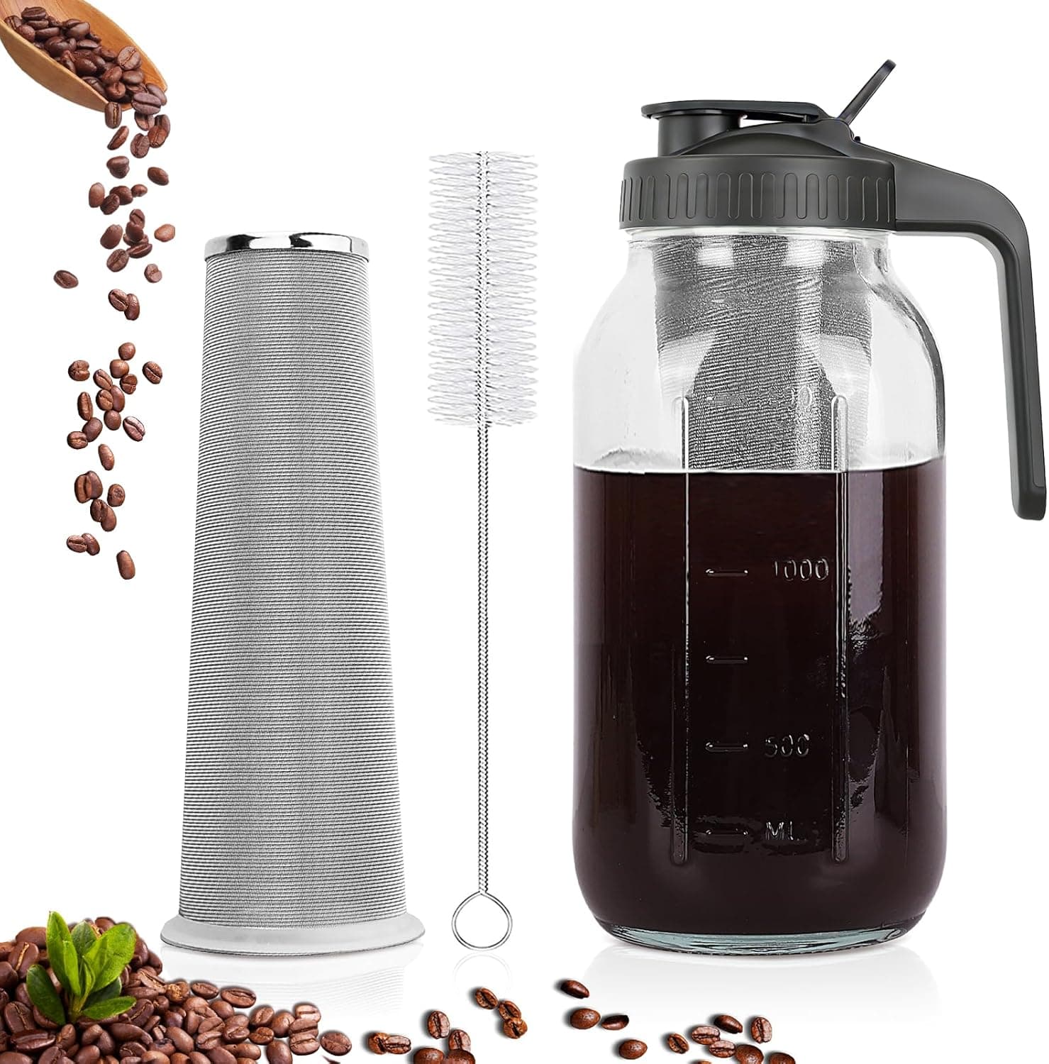 QHH Cold Brew Coffee Maker, 64 oz Mason Jar Pitcher with Stainless Steel Filter