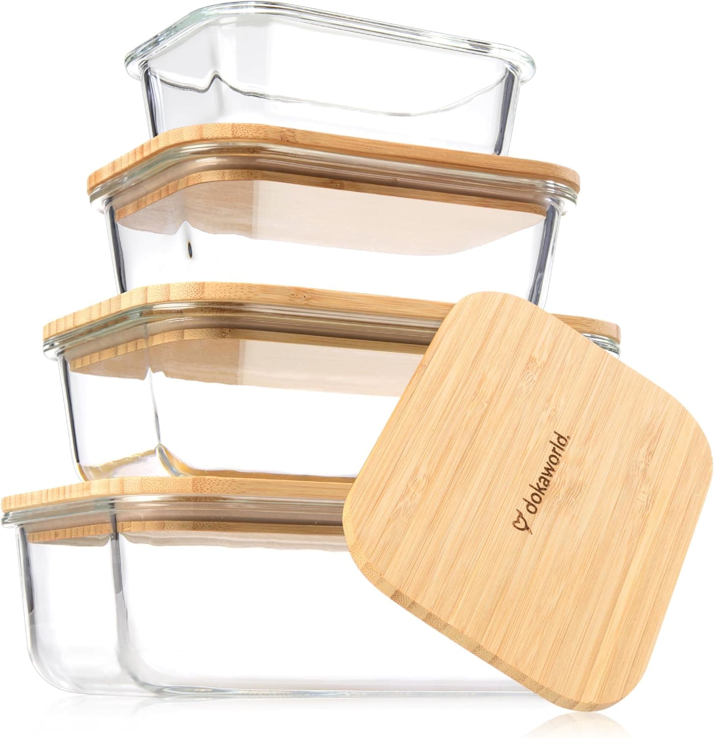 dokaworld Set of 4 Stackable Space-Saving Nesting Glass Containers with Airtight Bamboo Lids