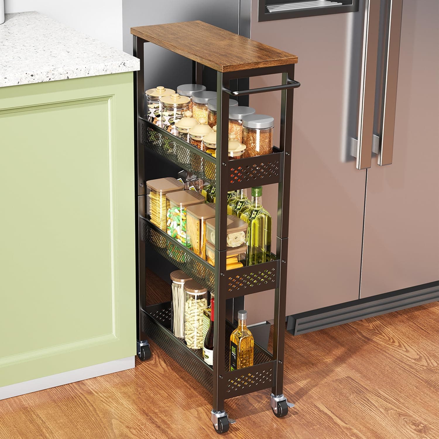 XYZLVSI Slim Storage Cart 4 Tier Narrow Kitchen Rolling Cart with Wooden Top