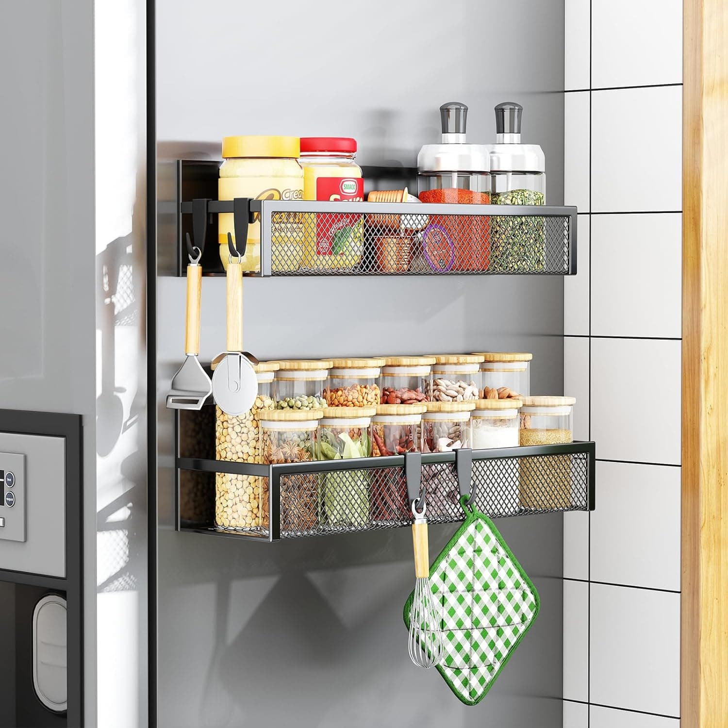 Aufworld Magnetic Spice Rack for Refrigerator, 2 Pack Magnetic Shelf, Fridge Magnet Organizer with Moveable 4 Hooks