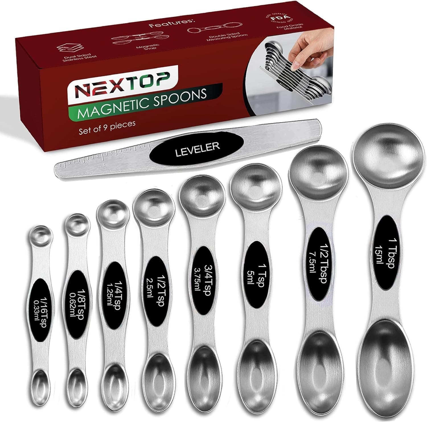 Magnetic Measuring Spoons Set of 9, Stainless Steel Dual-Sided Stackable, Fits in Spice Jars (Black)