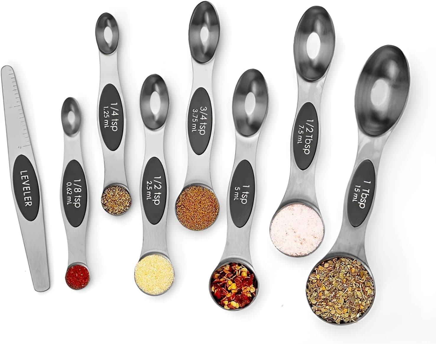 SHIKORI Magnetic Measuring Spoons Set of 8, Stainless Steel Stackable Dual Sided Nesting (Black)