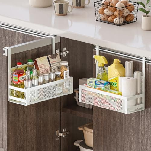 SHINEWON Hanging Kitchen Baskets Fine Mesh Wire Storage Basket Over Cabinet Door Organizer No Drilling Required for Kitchen Bathroom Office, 2 Smalls, White.