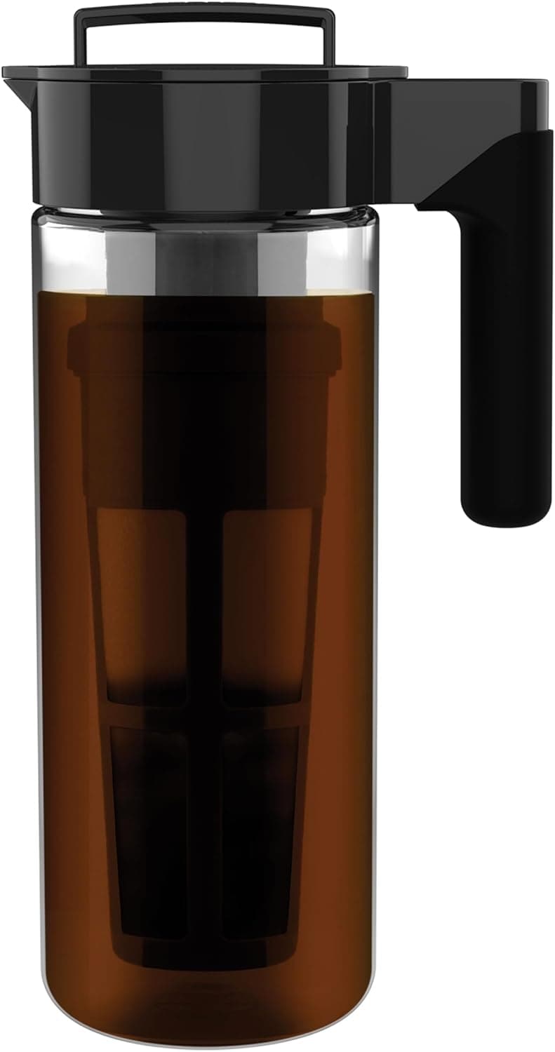 Takeya Glass Cold Brew Coffee Maker, Airtight Pitcher, 2 Quart, Black Lid and Handle