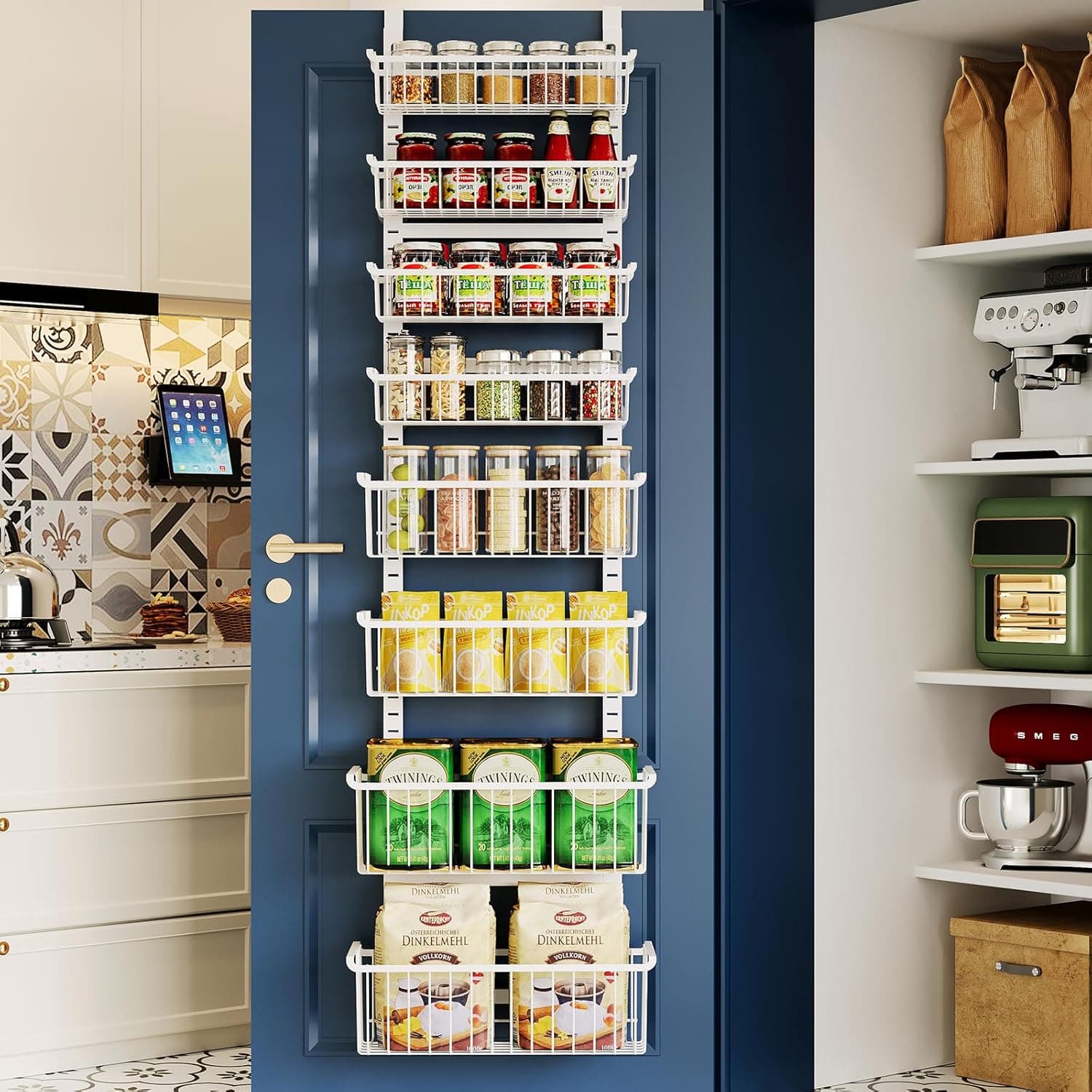 MSERCUOR Over The Door Pantry Organizer, 8-Tier Adjustable Baskets, White