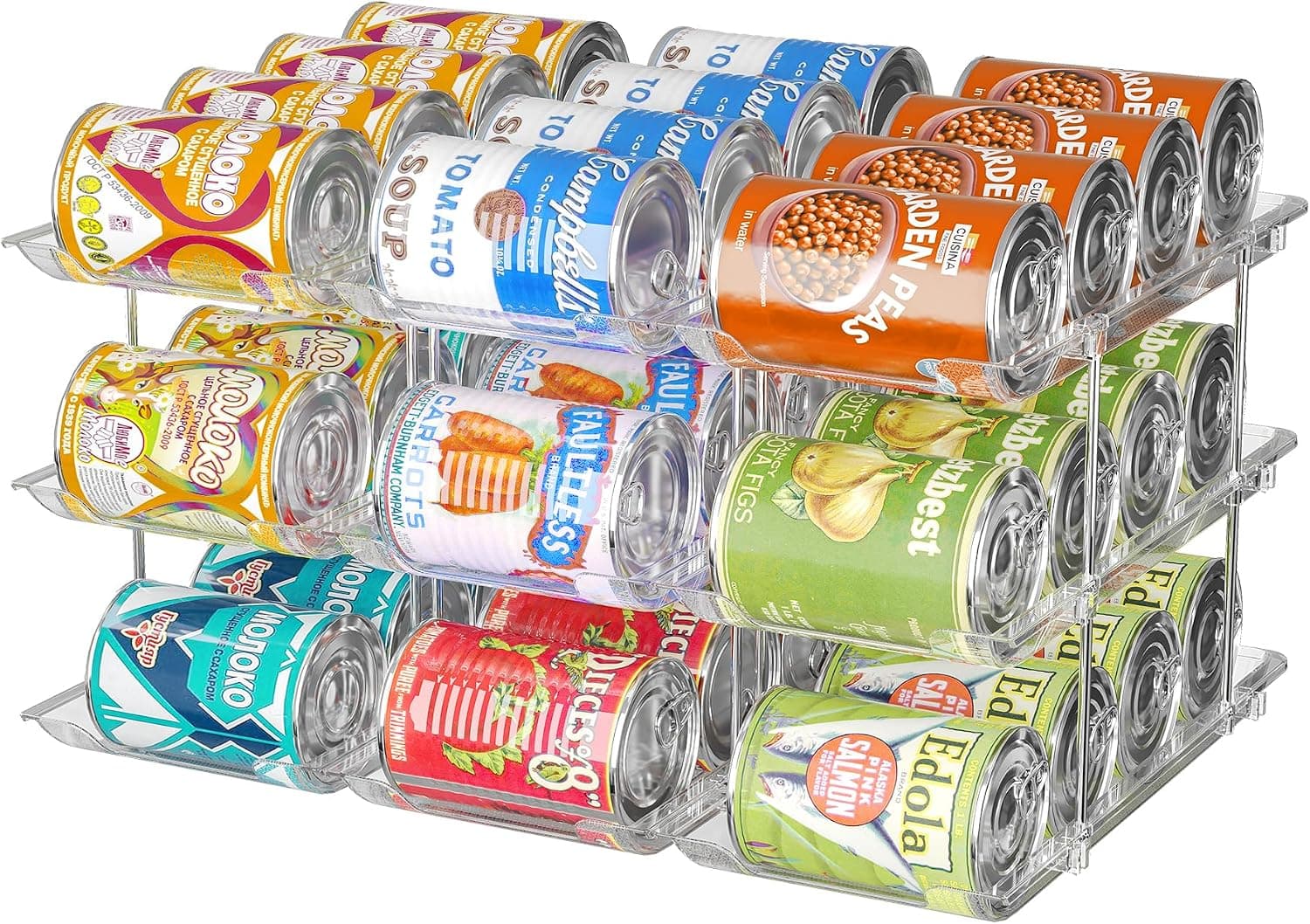 Attelite Can Organizer for Pantry, 3 Sets 3 Tiers Can Storage Organizer, 36 Cans Rack Automatic Rolling Stackable, Clear